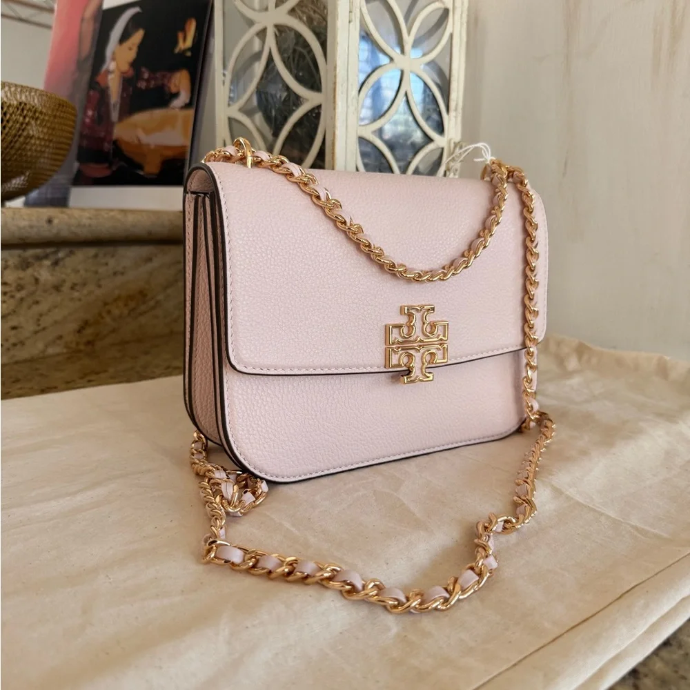 575+!Tory Burch Britten Small Adjustable Shoulder Bag Light Pink with Gold Chain